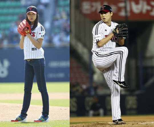 방송인 겸 모델 한혜진(왼쪽)과 프로야구 선수 차우찬이 열애 중이다. <연합뉴스>